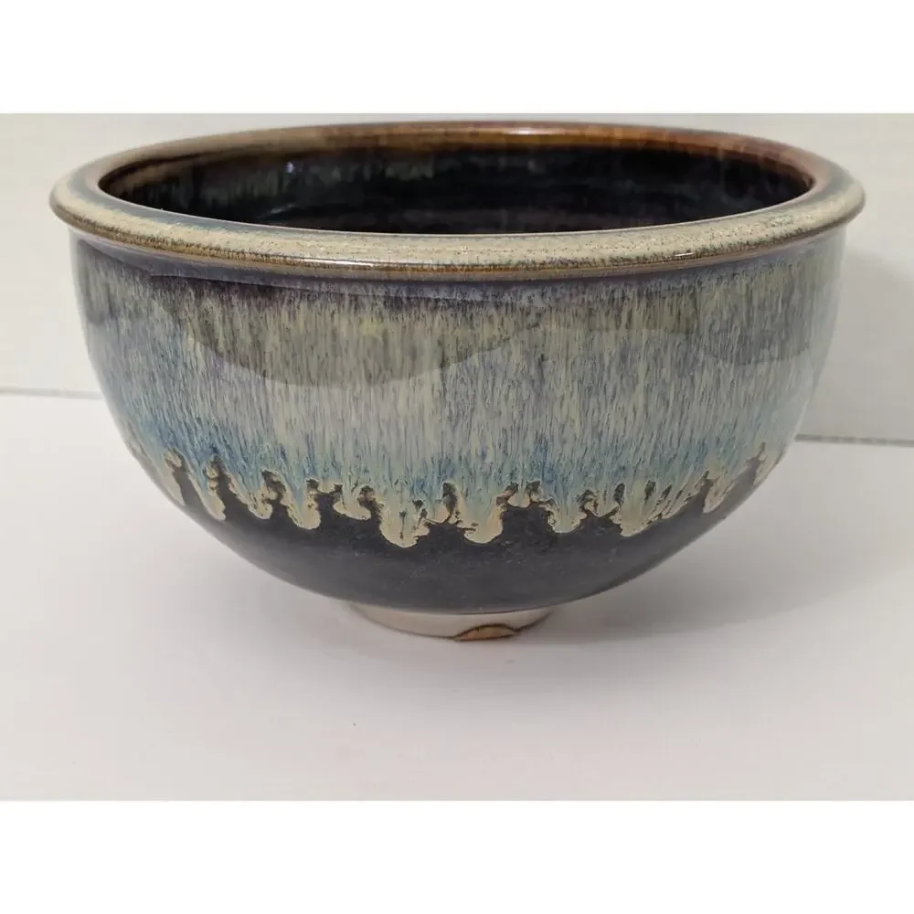 Bill Campbell Pottery Drip Glaze Ceramic Bowl Swirl Interior Art Studio Piece